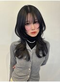 シャギー黒髪ロングウルフカットロングレイヤーカット外ハネ