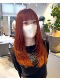 レイヤーカット オレンジベージュ パッツン前髪