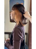 ケアブリーチインナーカラーオレンジベージュ外はね韓国ボブヘア
