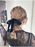 編みおろし 結婚式ヘアセット リボンアレンジ