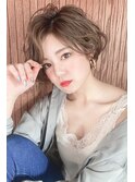 小顔セミウェットウェーブピンクベージュハイライトカラー