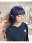 ハイトーンダブルカラーメッシュブルーミディアムボブ