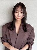 暗めカラー韓国ヘア前髪カットロンググレージュ_F60324