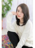 かきあげバング大人かわいい黒髪グレイアッシュロングウルフc1