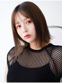 ◯ぱっつん前髪薄め前髪シンプルストレートパーマこなれミディ