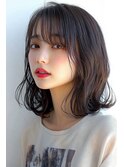 立体感ふわふわボブシースルーバング小顔スタイルカシスブラウン