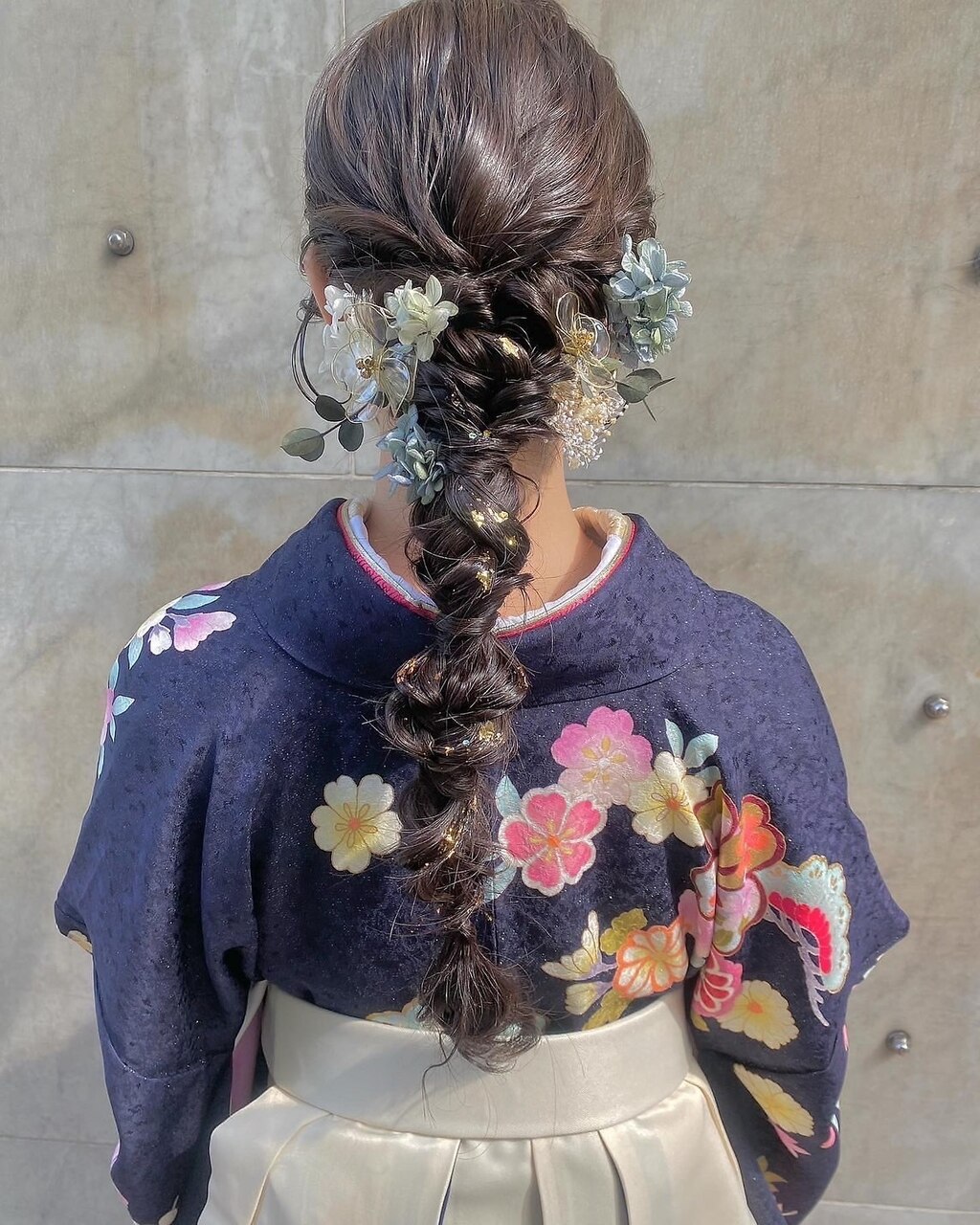 卒業式☆袴着付けヘアセット 編みおろし ドライフラワー：L182120037