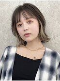 前髪インナーカラーボブ黒髪ダブルカラーミルクティーベージュ
