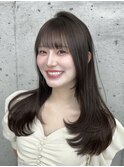 美髪カールピンクブラウン韓国レイヤーロングセミディ顔周り前髪