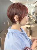 ミニウルフチェリーブラウンブリーチなしショートボブ前髪/横浜