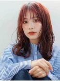 レッドブラウン　ニュアンパーマ　シースルーバング