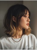 ミルクティーブロンド/ダークブルー/デジタルパーマ/水戸
