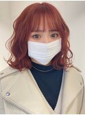 3226カシスレッドゆるふわ巻きビビッドカラーウザバングボブ