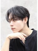 メンズヘアセンターパートダウンパーマ毛流れ黒髪ショート