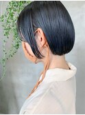 ミニボブ、切りっぱなしボブ、ブルーブラック、ネイビーカラー