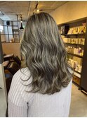 バレイヤージュ、ハイライト、レイヤーロング、グレーベージュ