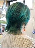 くびれ/ウルフ/ボブ/外ハネ/緑/グリーン/南越谷/新越谷