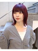 ダブルカラーワインレッドカラーミディアムウルフカット