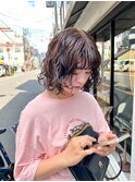 デザインカラーレイヤーカットウェットヘア夏オリーブベージュ