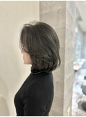 韓国風レイヤーボブ　顔まわりカット　オリーブカラー