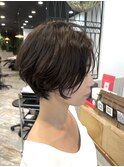 ロングショートワンカールパーマカーキグレージュ前髪錦糸町