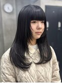 黒髪、ぱっつん、ワイドバング、ミディアムレイヤー