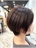 ロングショートワンカールパーマカーキグレージュ前髪錦糸町
