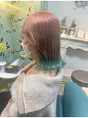 ピンク　ボブ　ハイトーン　裾カラー　ターコイズ