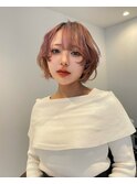 ピンクベージュ10代20代ボブウルフ小顔カット