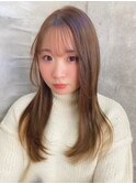 ストレートロングレイヤー＿チェリーブラウンフェミニンロング