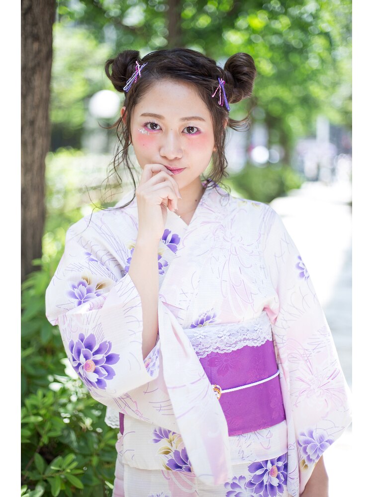 浴衣かわいいヘアセット 飾りや帯結び・帯飾りも可愛い：L005289802 