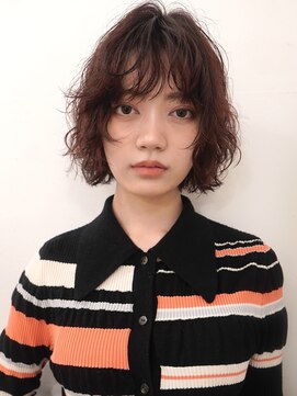 レッドブラウンボブパーマニュアンスパーマスパイラルパーマボブ