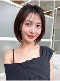 【30代40代】小顔前下がりボブ/オリーブグレー/黒髪