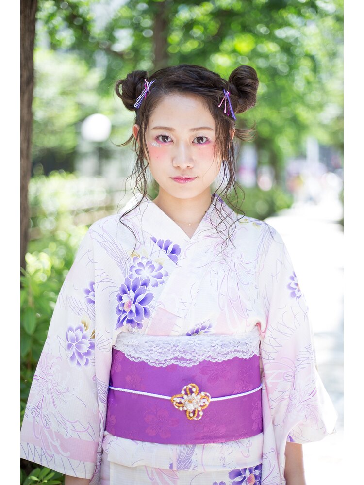 浴衣かわいいヘアセット 飾りや帯結び・帯飾りも可愛い：L005289802 