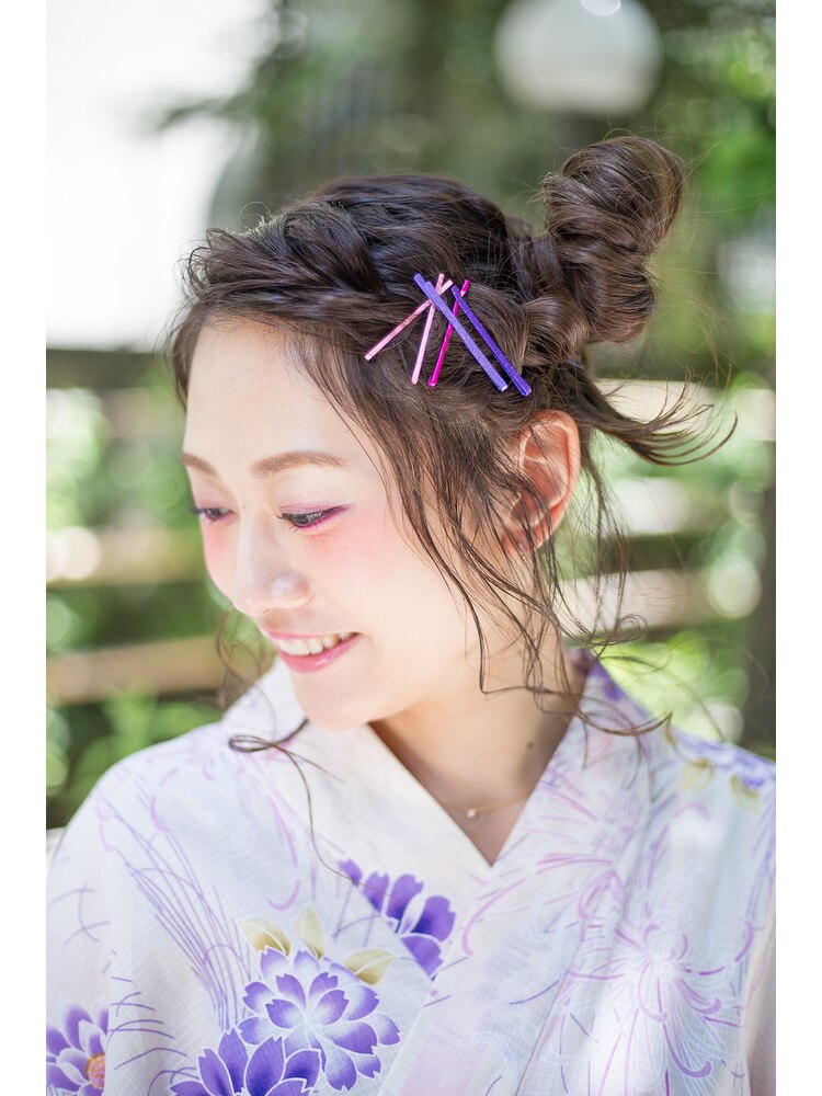 浴衣かわいいヘアセット 飾りや帯結び・帯飾りも可愛い：L005289802 
