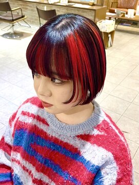 ネオリーブカップ 町田店(Neolive capu) 黒髪×赤色のハイライトカラー【町田/ブリーチ/暖色カラー】