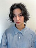 ミルクティーブロンド/ダークブルー/デジタルパーマ/茅ヶ崎