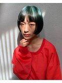 20代30代ブリーチカラー◎ミニボブ×エメラルドグリーン
