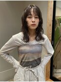 セミロングレイヤー ダークグレージュニュアンスパーマブラウン
