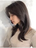 レイヤーロング×韓国風ショコラグレーベージュ前髪パーマ