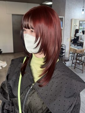 ミニム ヘアー(minim hair) 【minim×みく】ハーフブリーチ、チェリーレッド