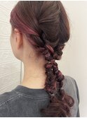 三つ編み/ヘアアレンジ/ヘアセット/インナーカラー/ピンク