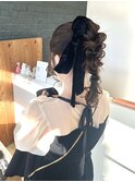 ベロアリボン×編みおろしポニーヘアセット＊
