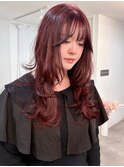 ブリーチなし暖色カラーチェリーレッド＊ロングレイヤーカット