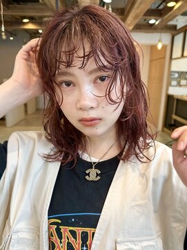 ディッセンバー 渋谷(December) ボブ 顔まわりレイヤー前髪パーマ/レッドブラウンパーマ風