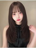 小顔顔周りぱっつん前髪シースルーミディアムレイヤーストレート