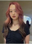 ロングレイヤー韓国風ピンク×ブラウンルーツカラー