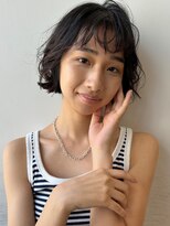 パーマ イメチェン ブルーブラック ボブパーマ 艶髪 ウエーブ