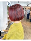 レッドカラー/ケアブリーチハイライト/ボブ/デザインカラー