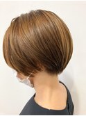 大人ショート　テラコッタ　くすみブルー　縮毛矯正